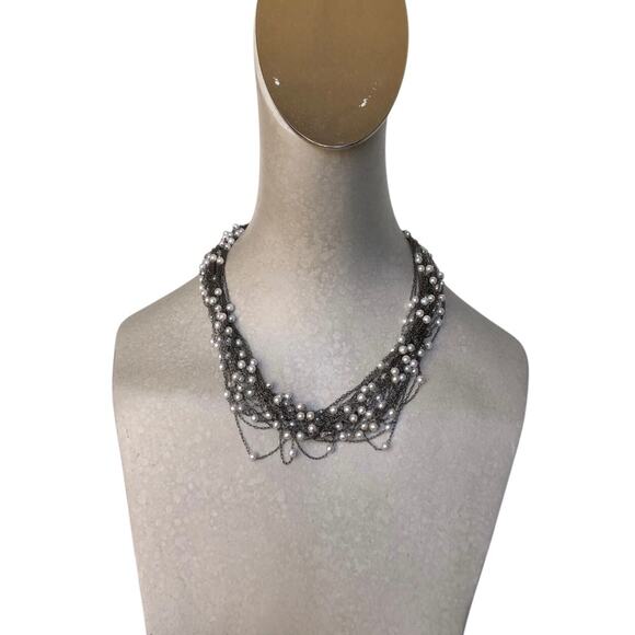 Vintage Multi Strand Chain Faux Pearls Statement Necklace Lobster Clasp Extender - Picture 1 of 6